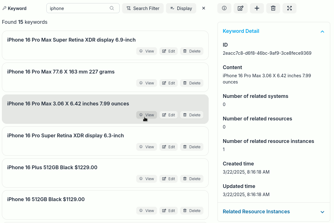 Keywords search results