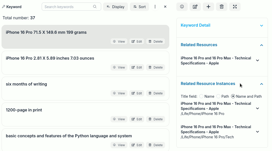 View resources to a keyword